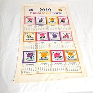 Vintage 2010 Kitchen Calendar Tea Towel Flower Of The Month Cottagecore Farm
